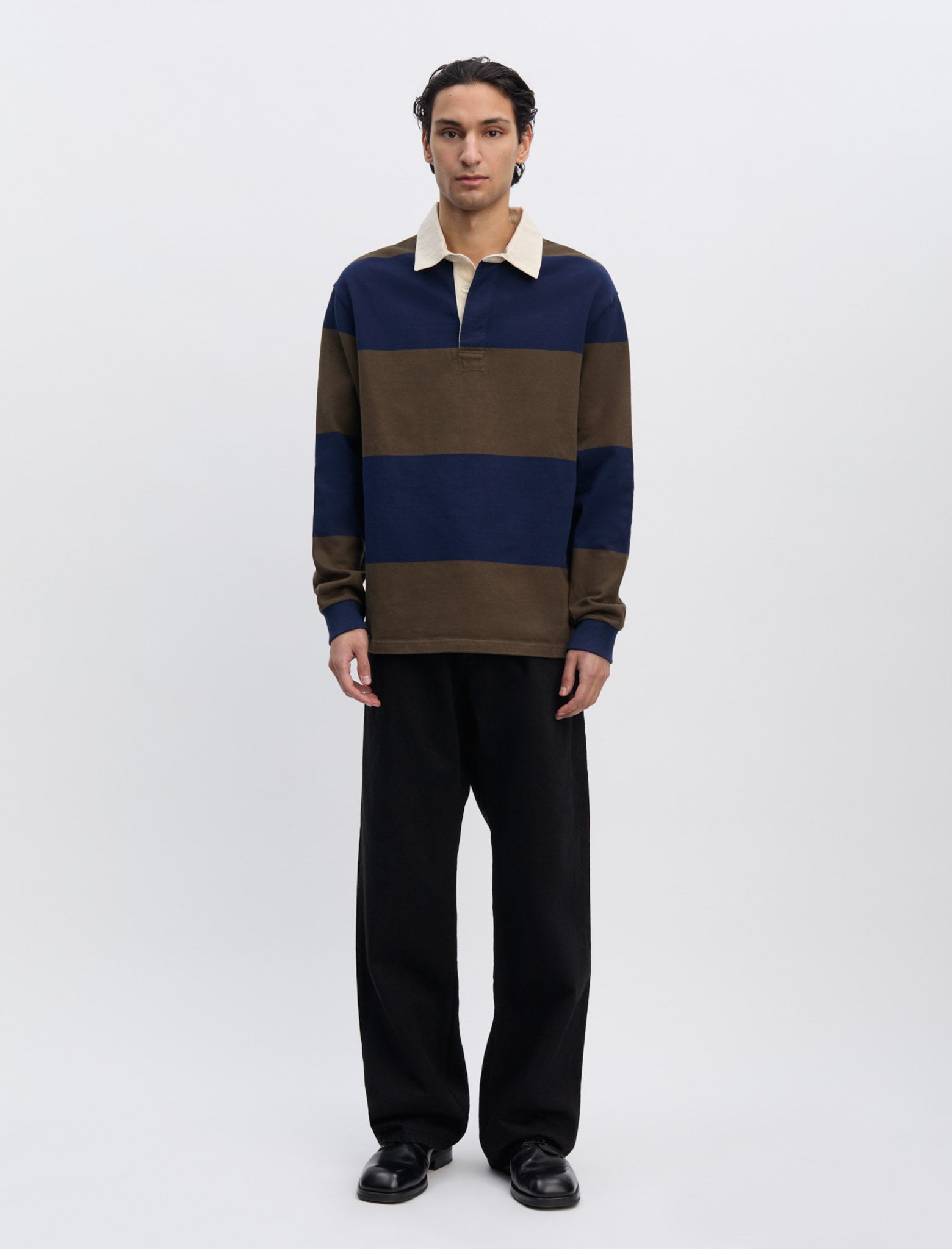 ANOTHER Rugby Polo 1.0, Navy Brown Stripe - ANOTHER ASPECT