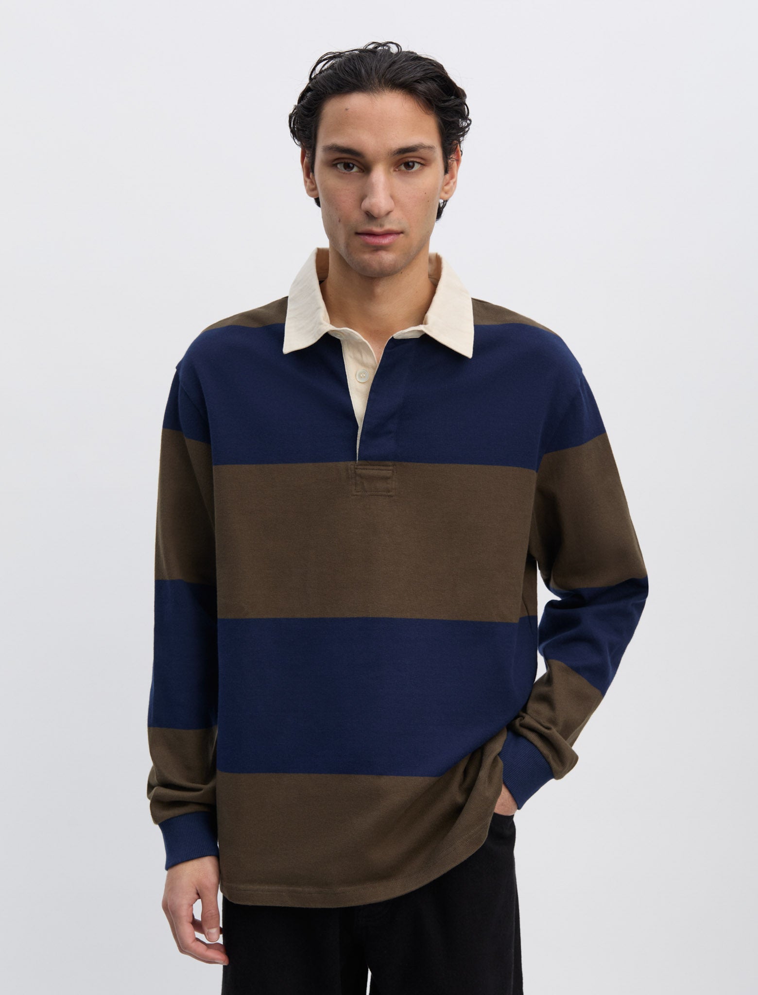 ANOTHER Rugby Polo 1.0, Navy Brown Stripe - ANOTHER ASPECT